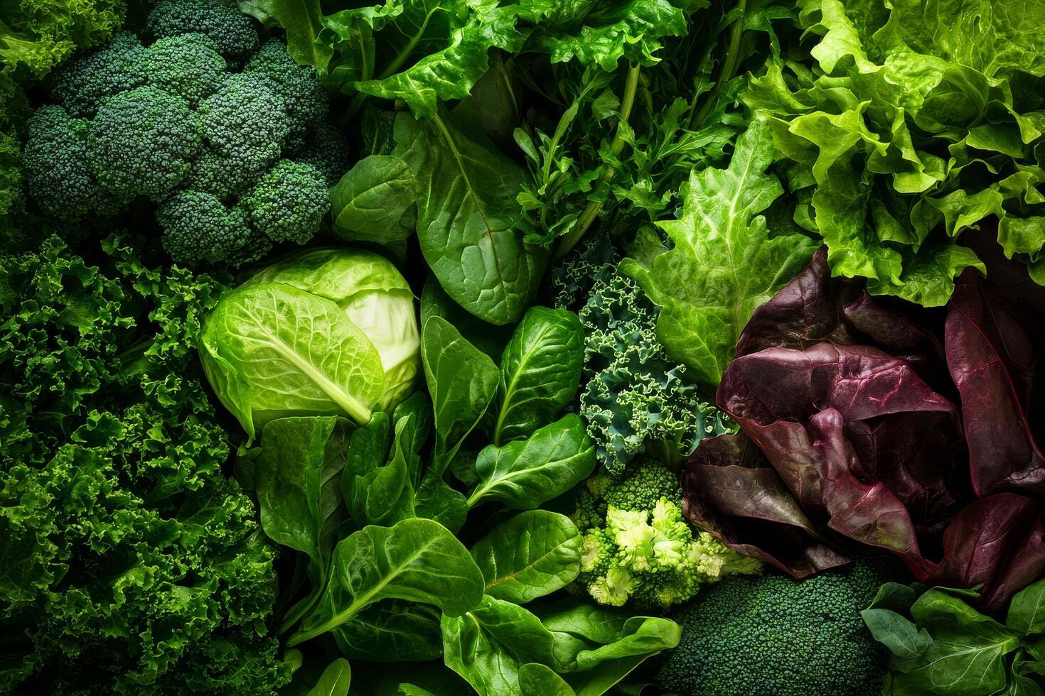 Fresh Assortment of Greens and Leafy Vegetables From a Local Market Displayed on a Wooden Surface photo