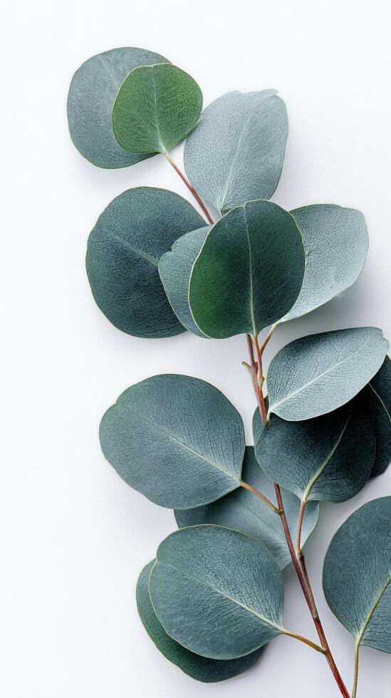 Eucalyptus Leaves Arranged on a Plain White Background for a Minimalist Design. photo
