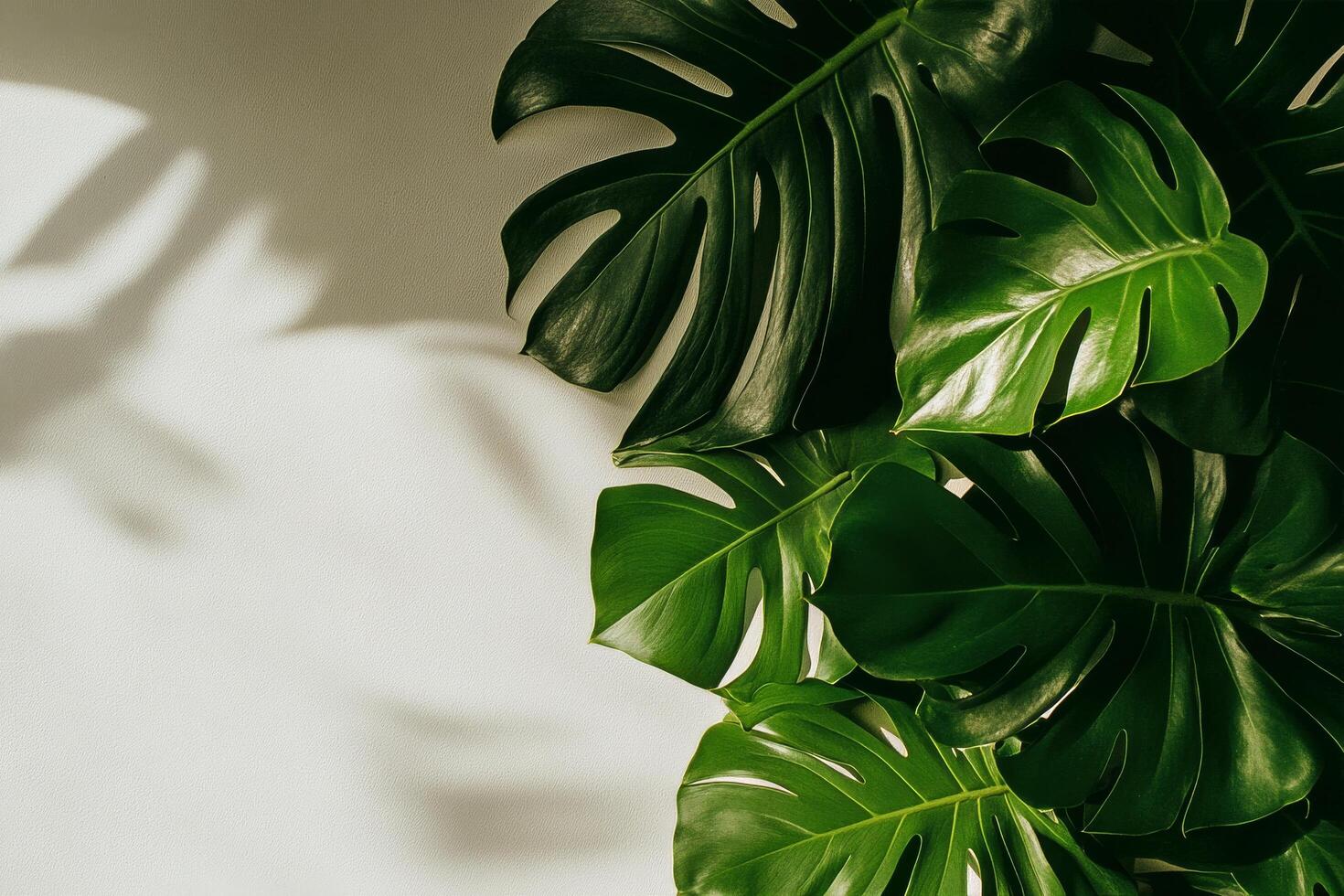 Lush Green Monstera Leaves Casting Shadows on a Light Wall in a Serene Indoor Setting photo