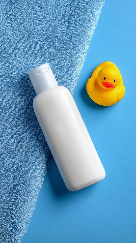 Bath Time Essentials With a Rubber Duck on a Bright Blue Background photo