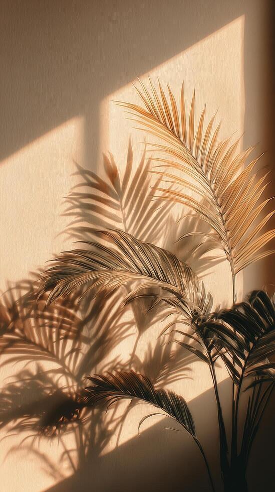 Beautiful Shadows of Palm Leaves on a Warm Wall During Sunset in a Cozy Indoor Space photo