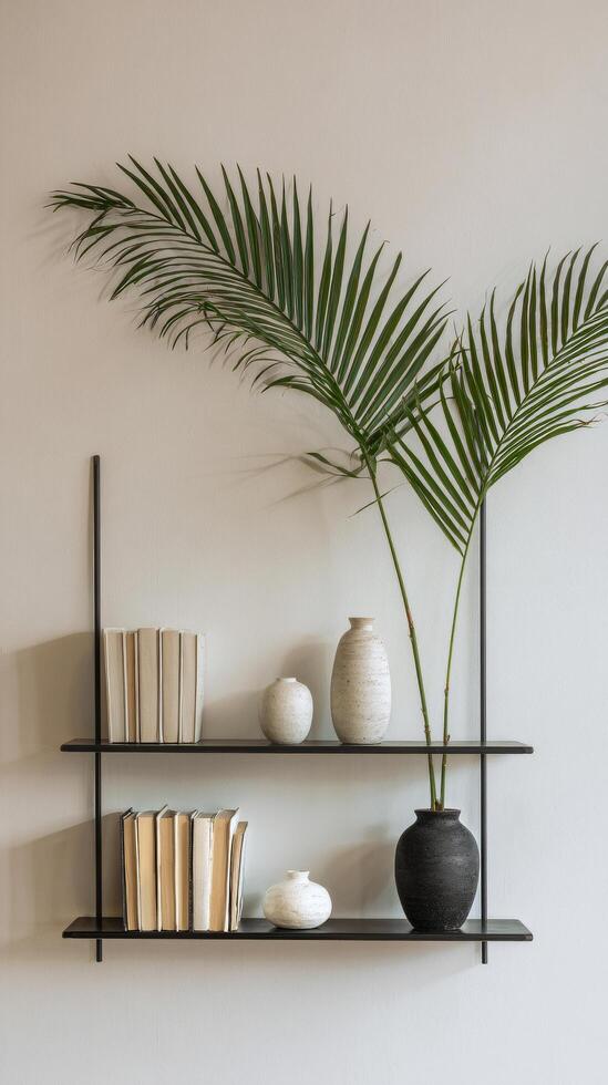 Modern Decorative Shelving Unit With Plants and Books Enhancing Interior Design. photo