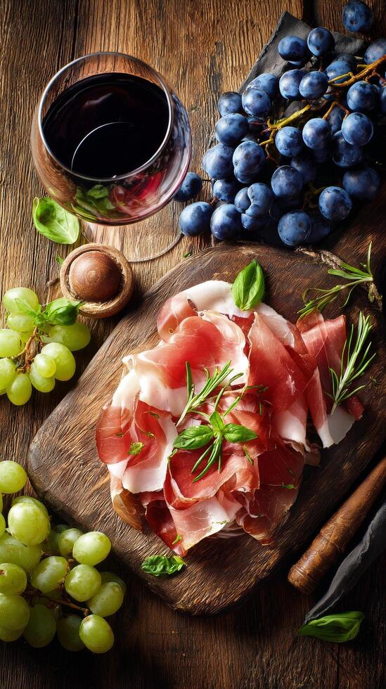 Delightful Charcuterie Board With Cured Meats, Grapes, and Red Wine at a Rustic Table. photo