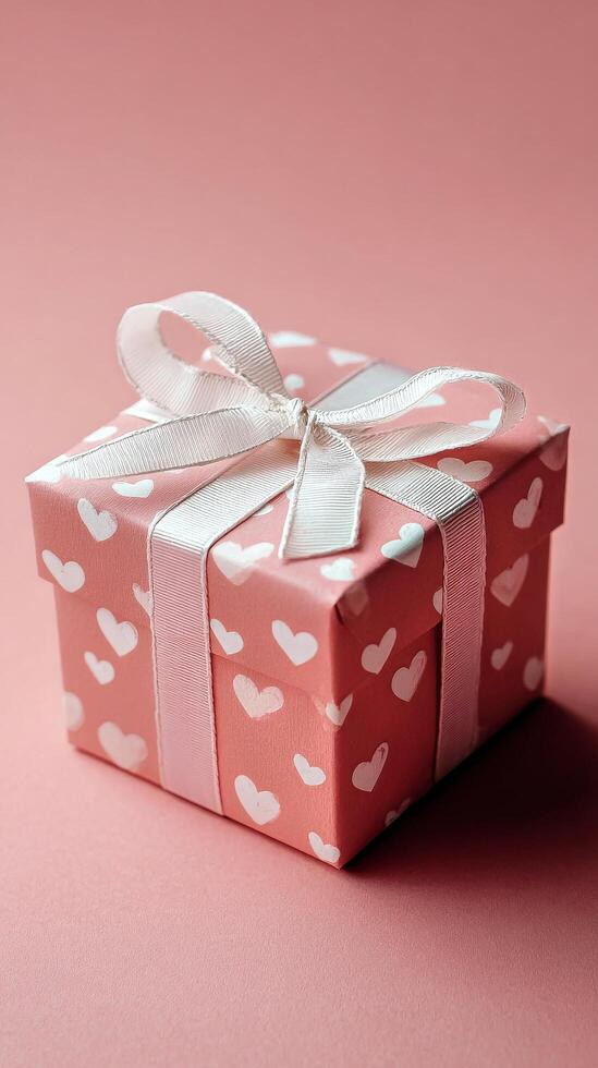Gift Box Wrapped in Pink Paper With Heart Patterns Perfect for Celebrations and Special Occasions. photo