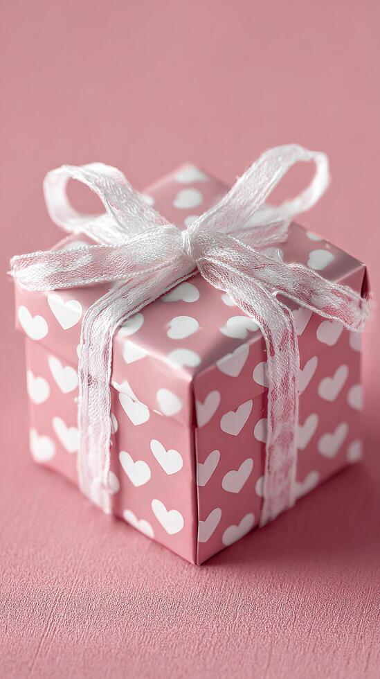 Gift Box Wrapped in Pink Paper With Heart Patterns Perfect for Celebrations and Special Occasions photo