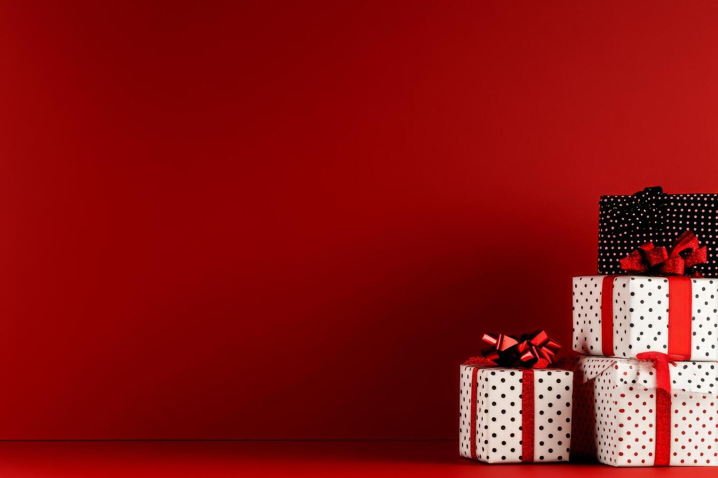 Festive Red and White Gift Boxes Arranged on a Solid Background During the Holiday Season. photo