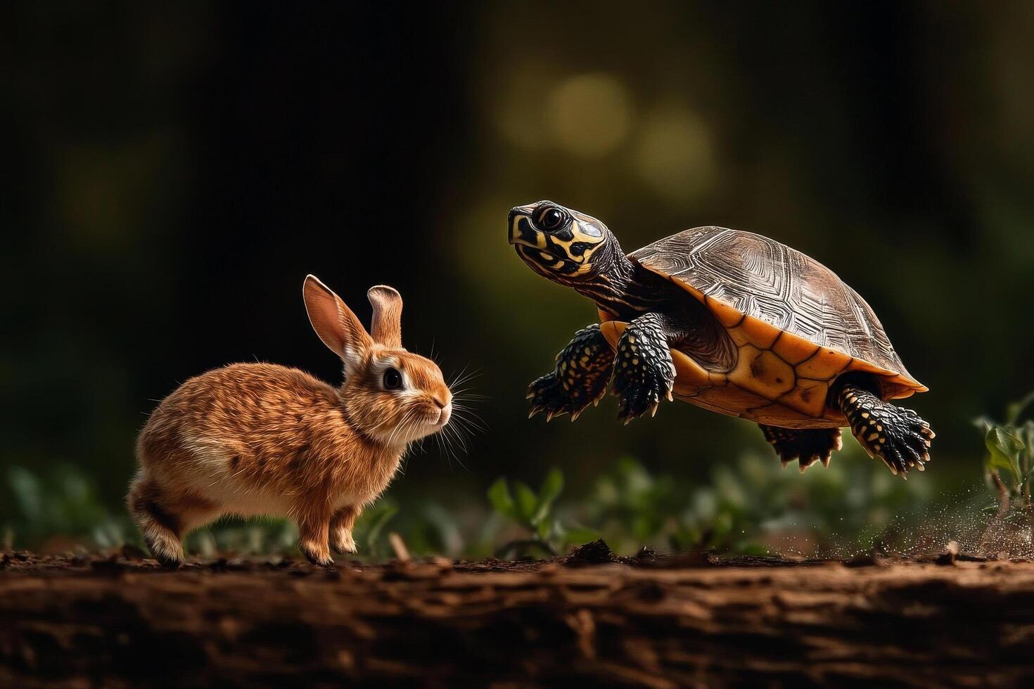 Rabbit and Turtle Encounter in a Lush Forest During Afternoon Light photo