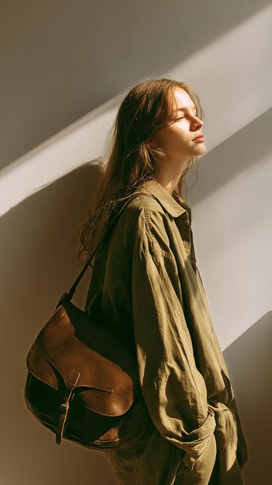 Portrait of a Young Woman With a Bag Basking in Sunlight Indoors photo