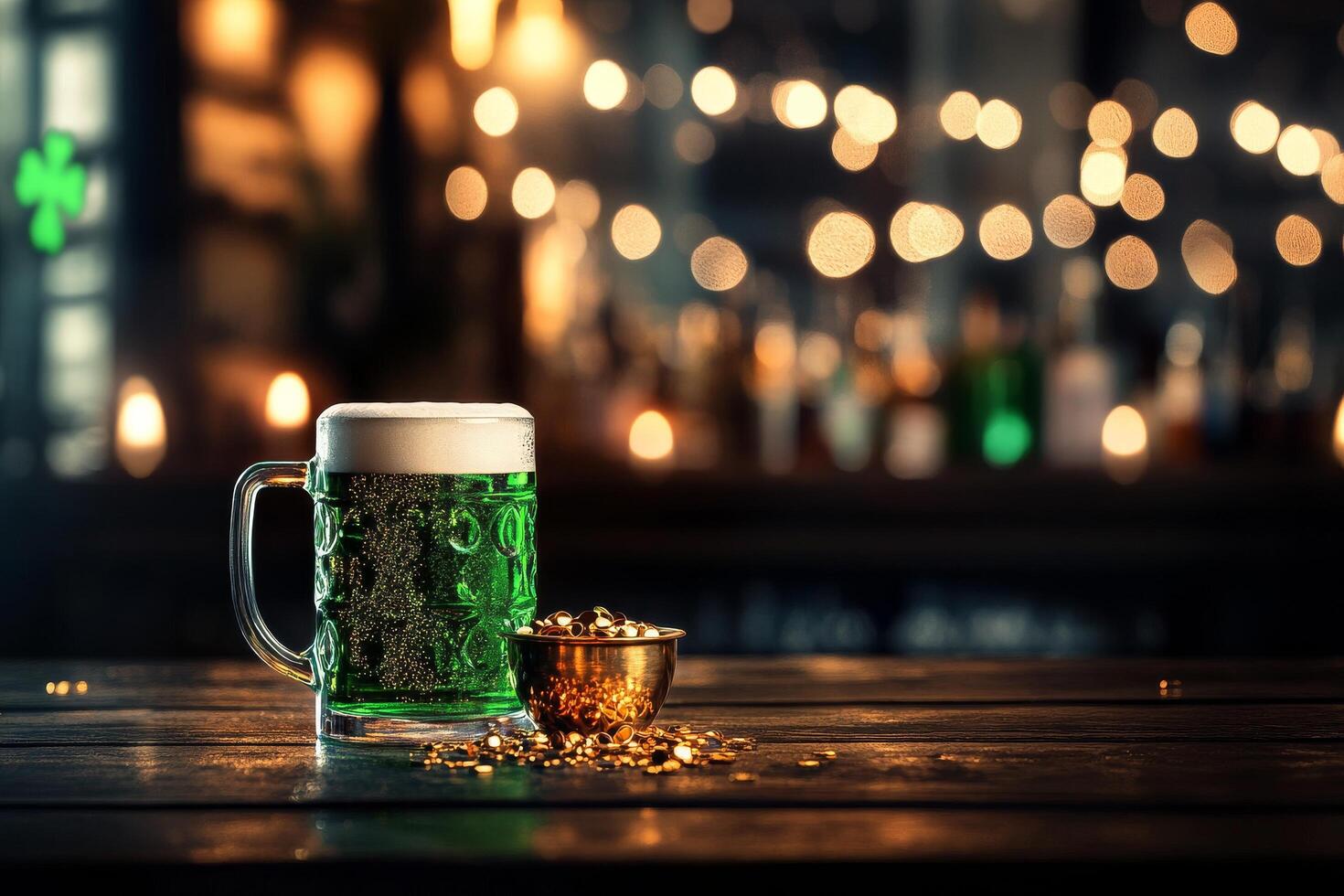 Festive Green Drink and Golden Coins on Wooden Table at Lively Bar During Evening Celebration photo
