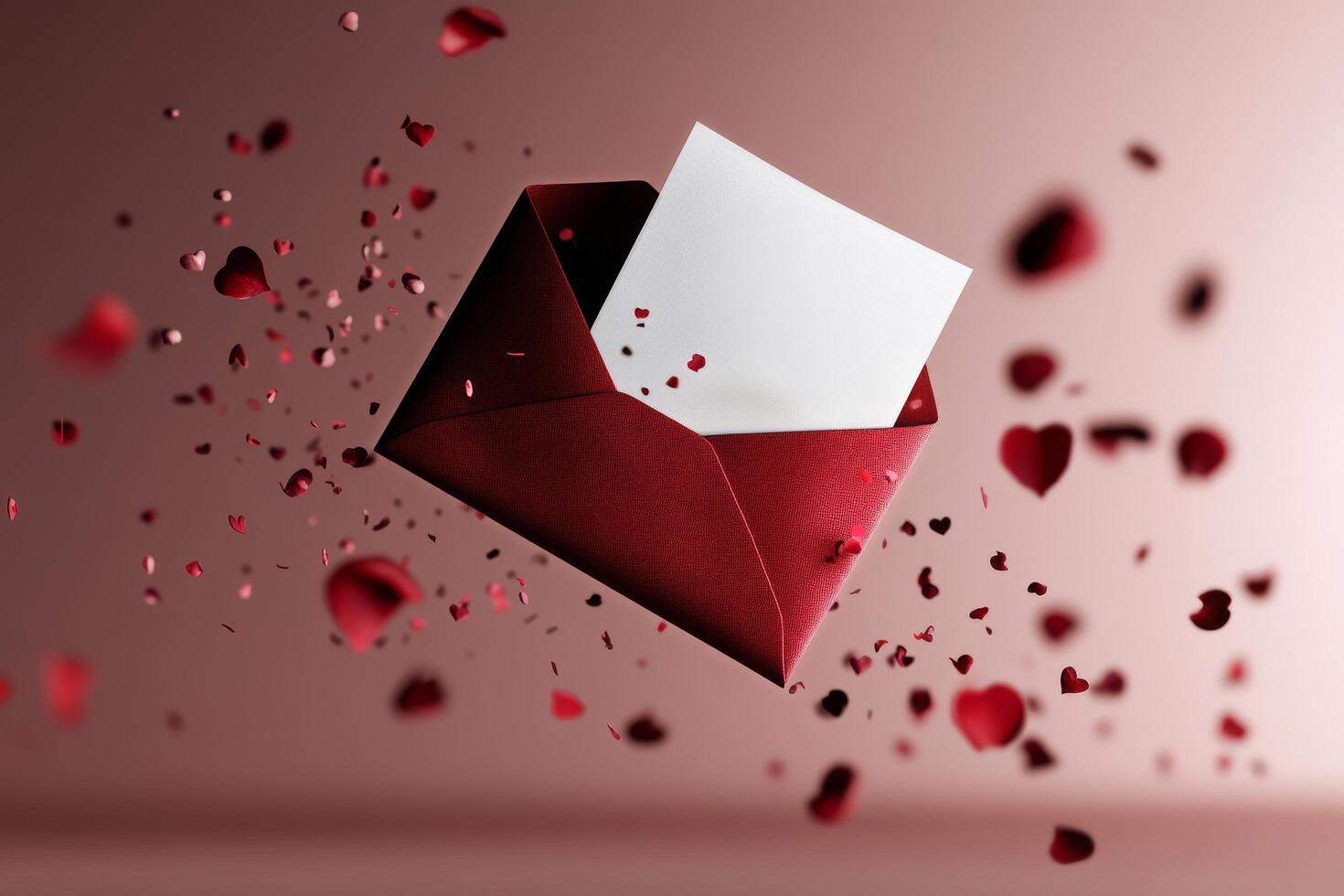 Red Envelope With Floating Rose Petals Creates a Romantic Atmosphere for Love Letters. photo