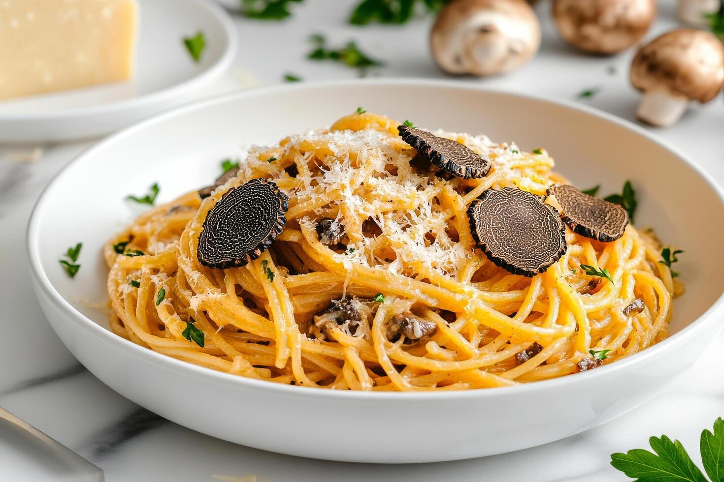 Delicious Spaghetti With Truffle and Parmesan Served on a White Plate With Fresh Herbs and Mushrooms photo