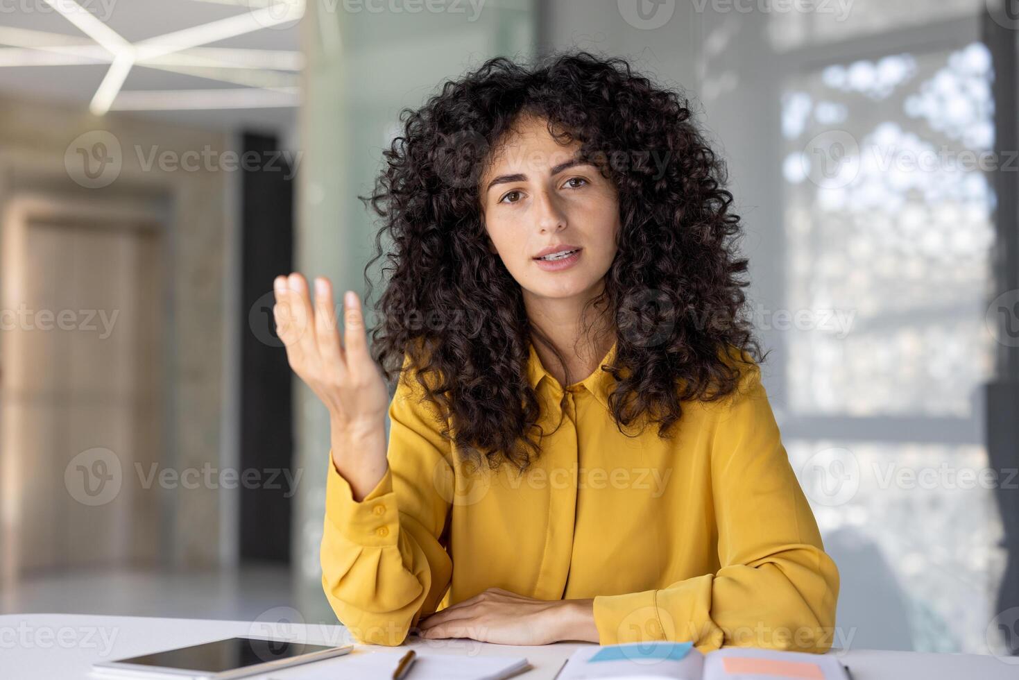 Webcam view, woman serious and focused on online business meeting conference looking at camera. Company employee looking at camera, talking and explaining with colleagues, using call. photo