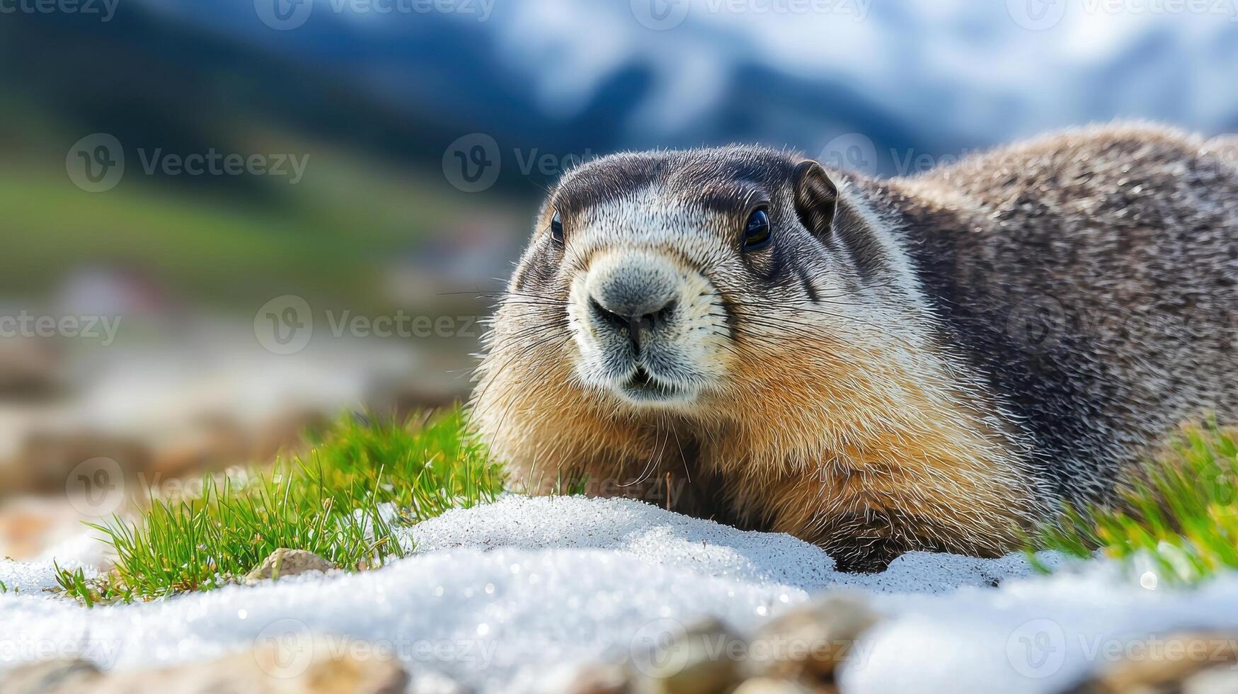 Marmot In Alpine Landscape With Snow And Grass. Wildlife In Natural Habitat photo