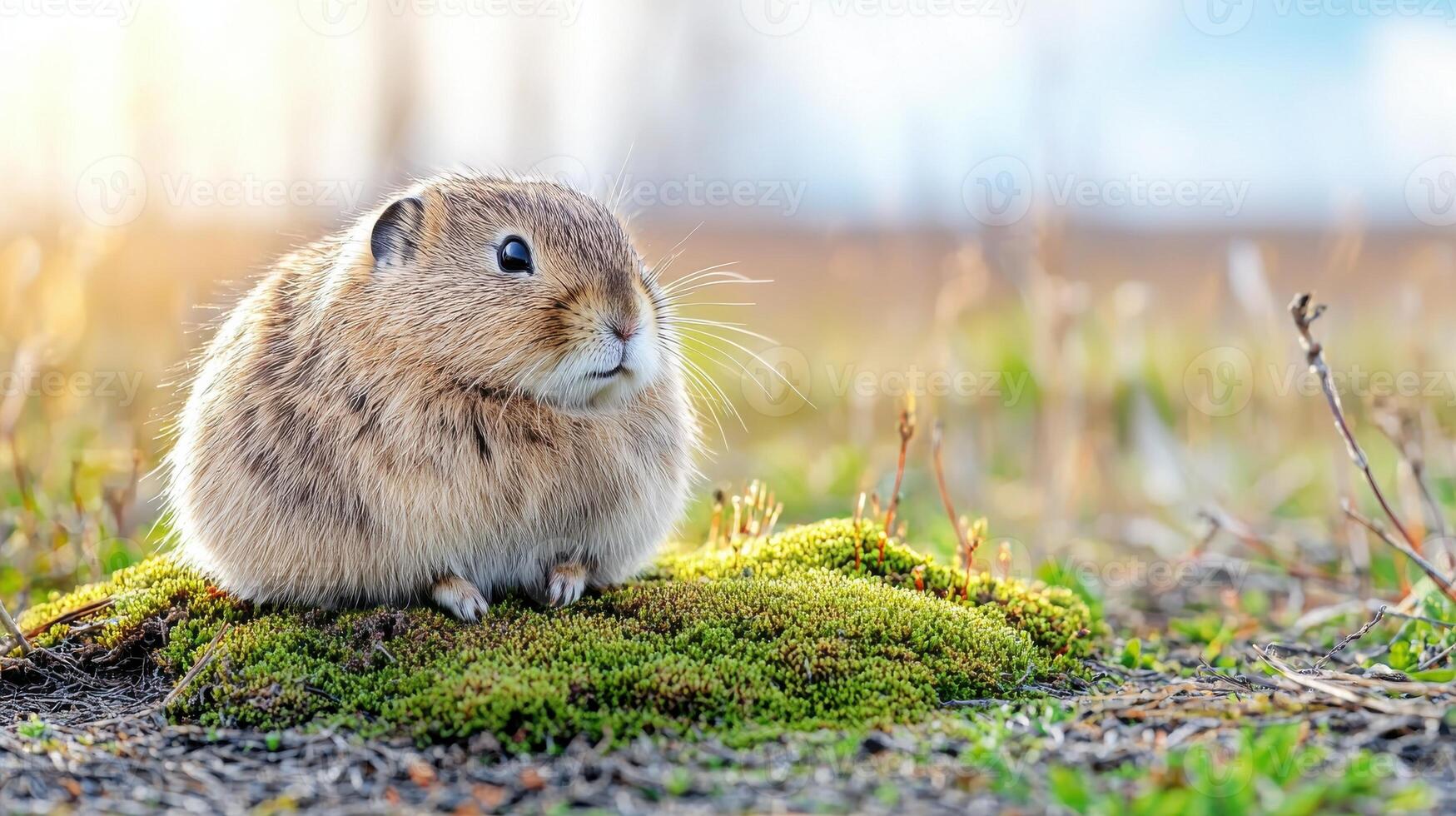 Cute Pika Sitting On Mossy Ground In Sunlit Meadow. Wildlife And Nature Photography photo