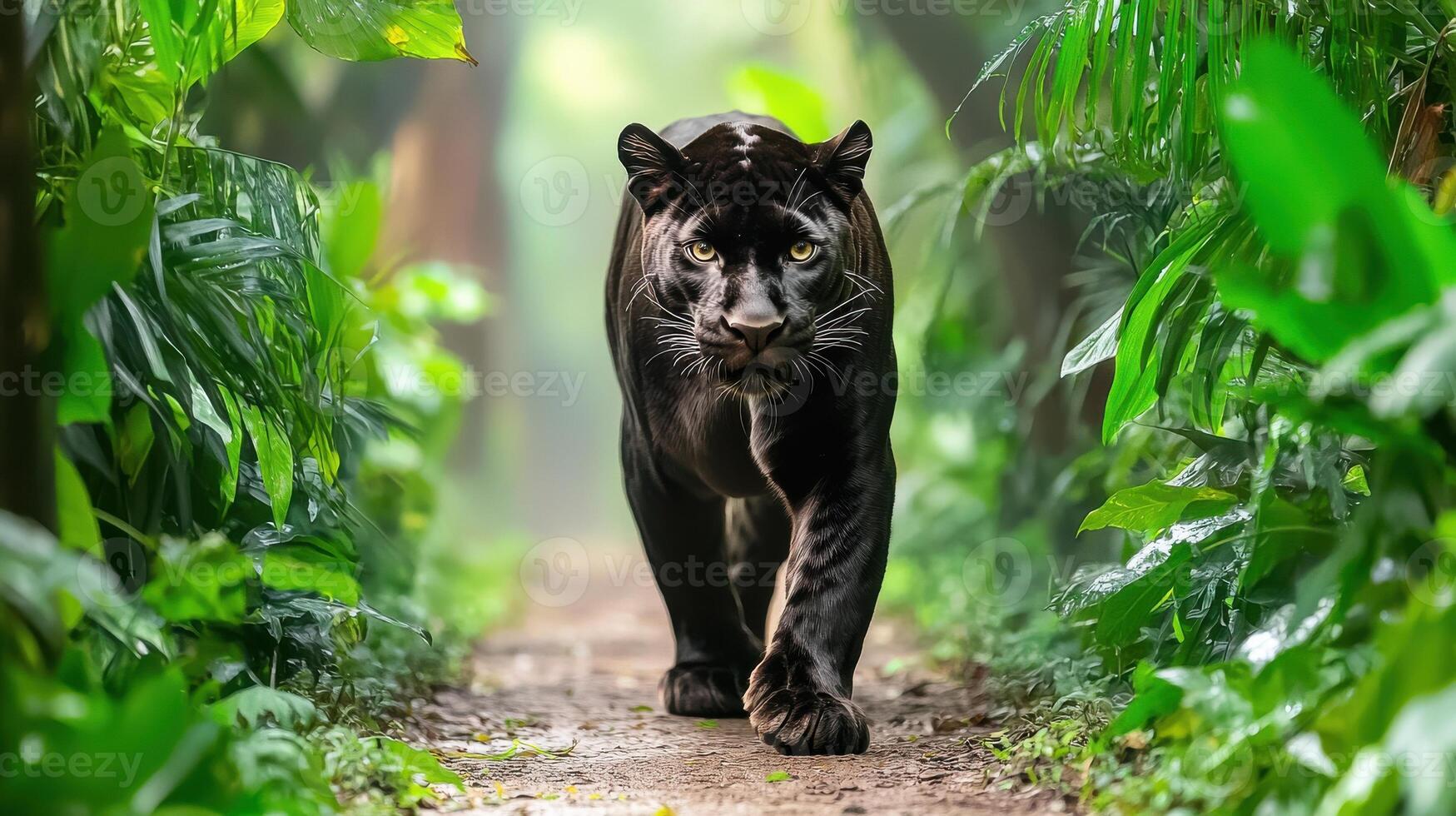 Black Panther Walking Through Lush Green Jungle Path. Majestic Predator In Natural Habitat photo