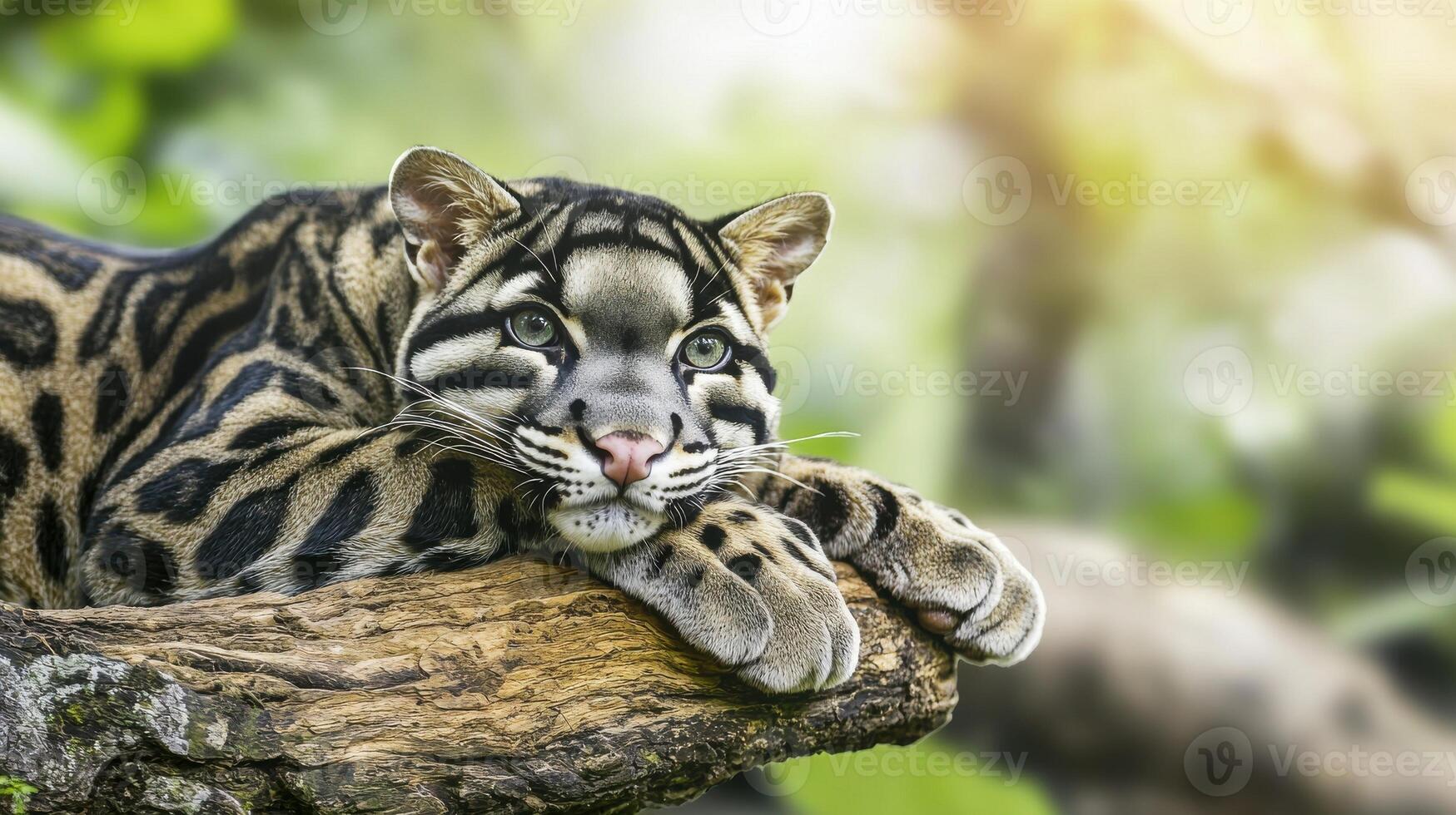 Clouded Leopard Resting On Tree Branch In Lush Green Forest. Wildlife Conservation And Natural Habitat photo
