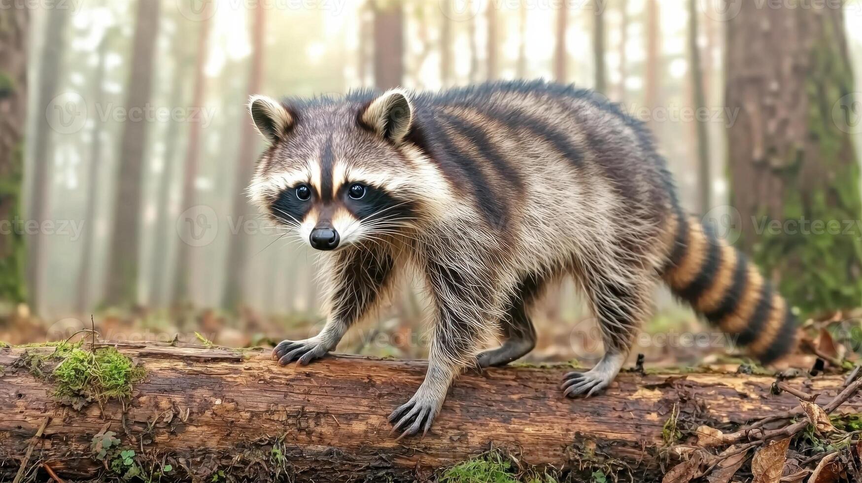 Raccoon Walking On A Moss-Covered Log In A Forest. Wildlife Exploration And Natural Habitat photo
