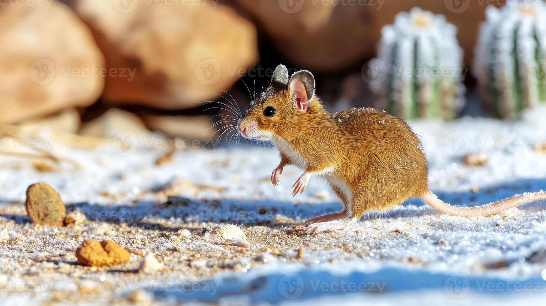 Mouse In Snowy Desert Environment With Cacti. Wildlife Adaptation In Harsh Climates photo