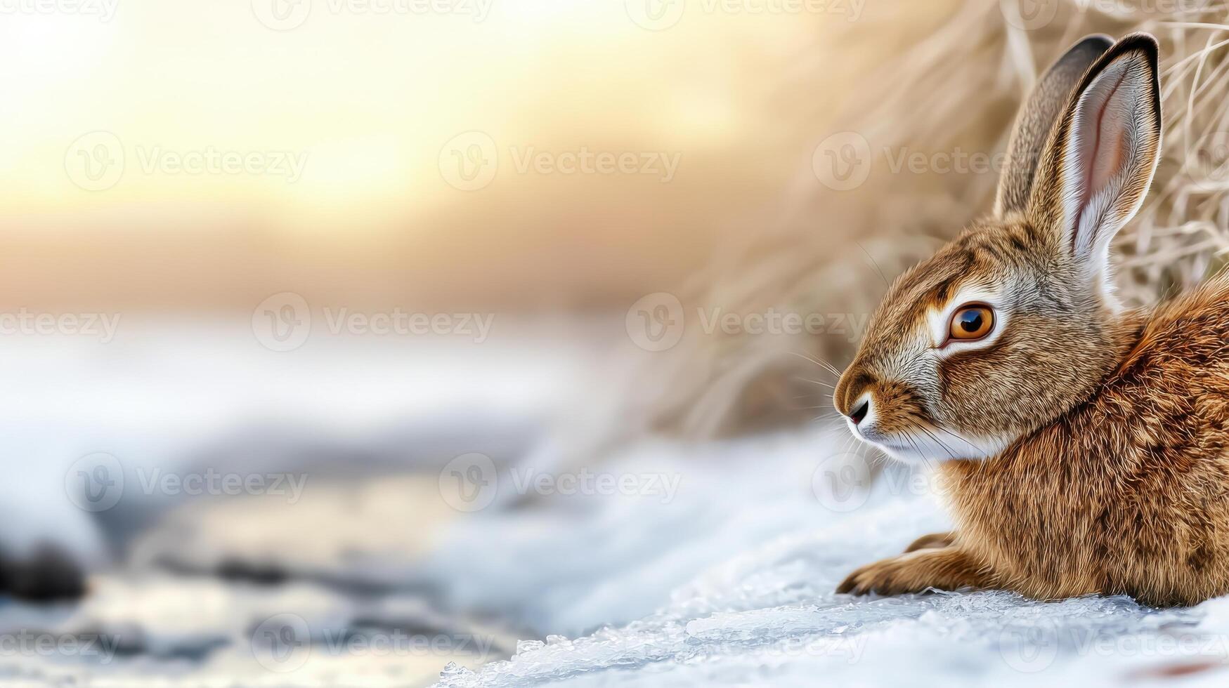 Rabbit Resting On Snowy Ground During Sunset. Winter Wildlife Scene With Serene Atmosphere photo