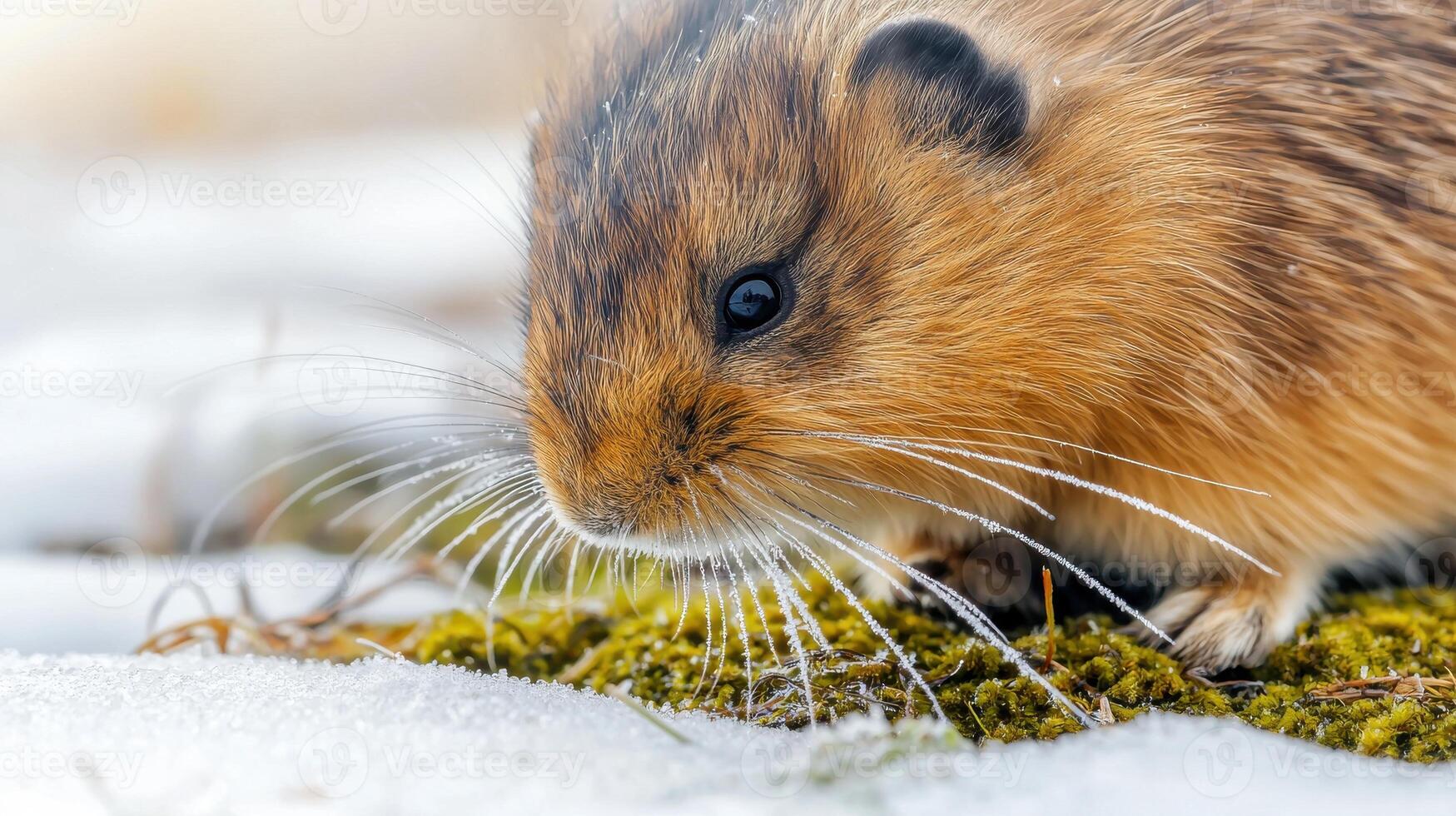 Close-Up Of A Lemming In Snowy Habitat. Lemming Exploring Winter Environment With Frosty Whiskers photo