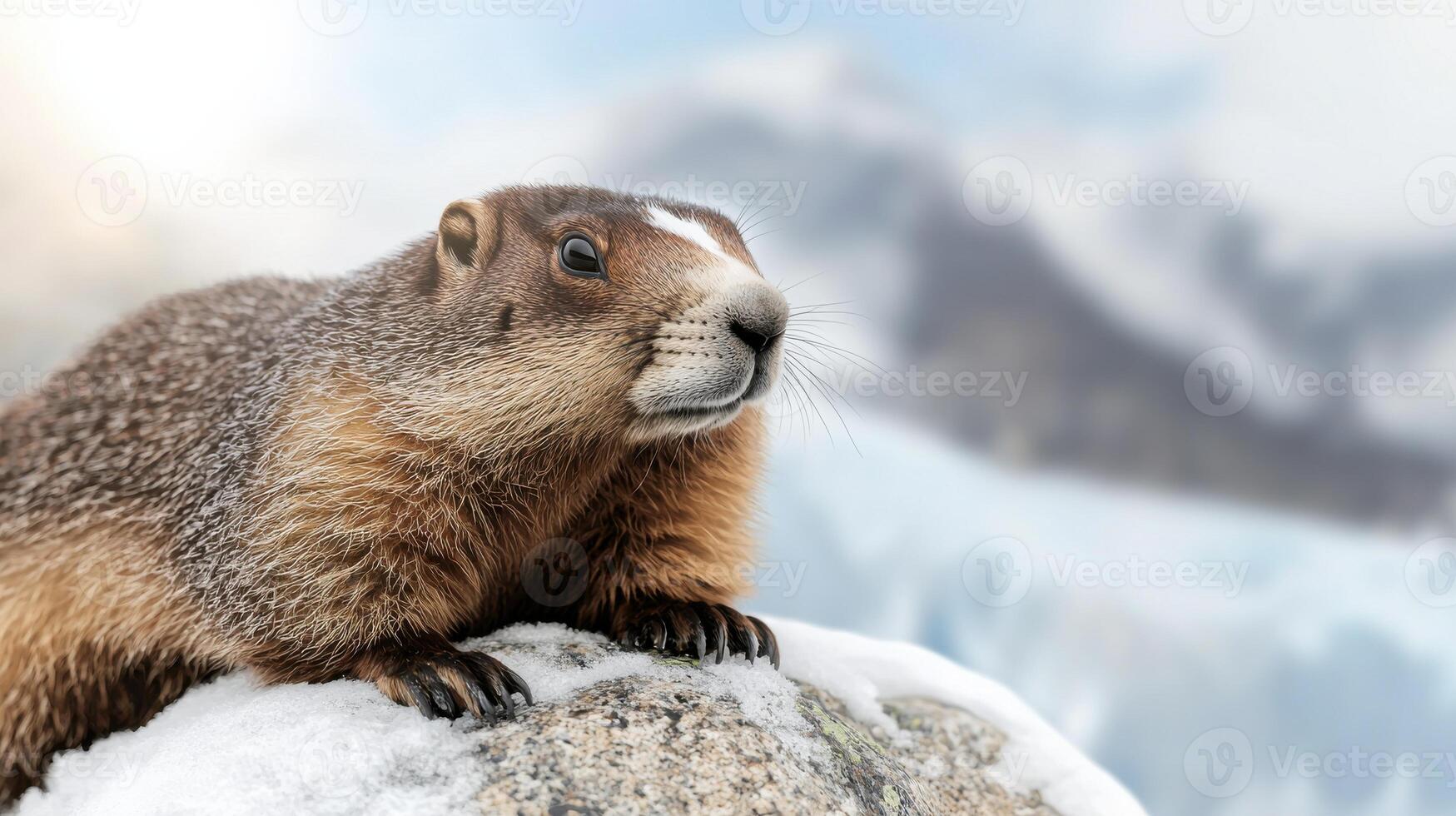 Marmot On Snowy Rock With Mountain Background. Wildlife In Natural Habitat photo