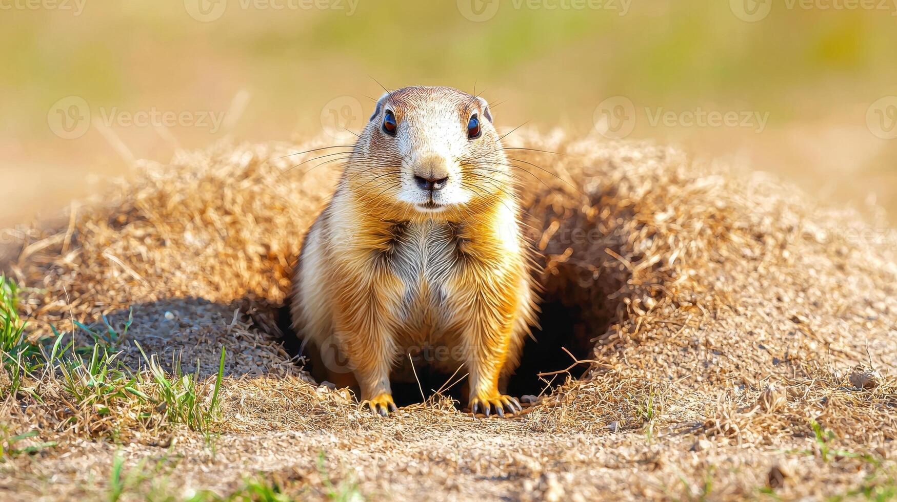 Prairie Dog Emerging From Burrow In Natural Habitat. Wildlife Observation And Animal Behavior Study photo