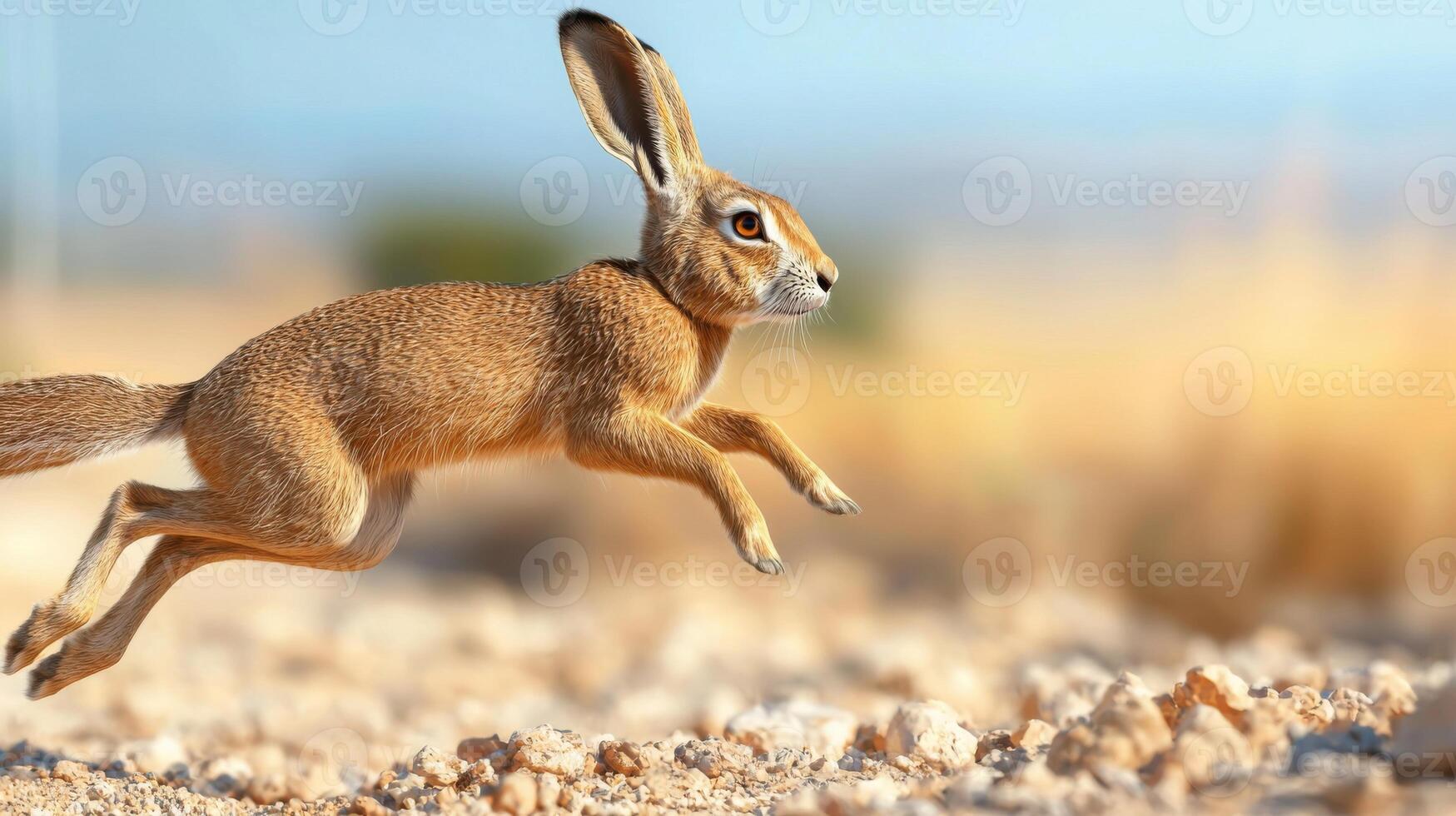 Running Hare In Desert Landscape. Symbol Of Speed And Agility In Natural Habitat photo
