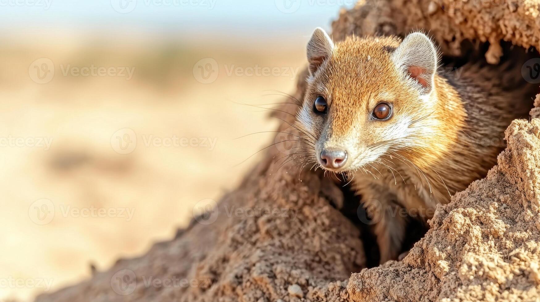 Mongoose Peeking Out Of Burrow In Desert Environment. Wildlife In Natural Habitat photo