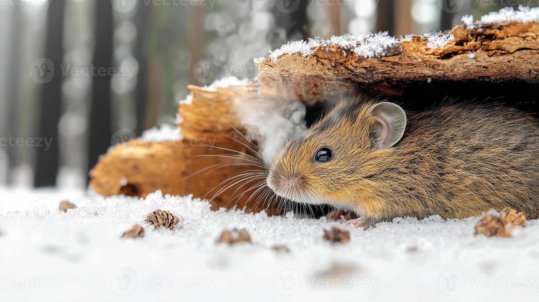 Mouse Sheltering Under Bark In Snowy Forest. Wildlife Survival In Winter Habitat photo