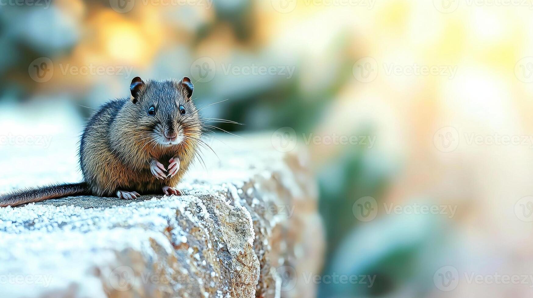 Small Rodent On Rocky Surface With Blurred Natural Background. Wildlife In Its Natural Habitat photo
