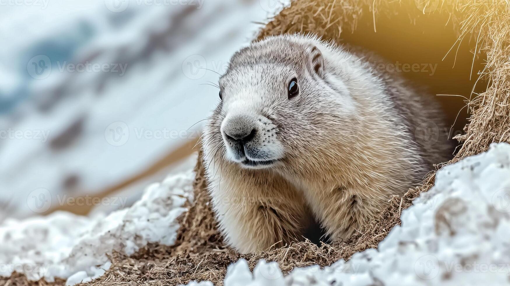 Marmot Emerging From Burrow In Snowy Landscape. Wildlife In Natural Habitat During Winter photo