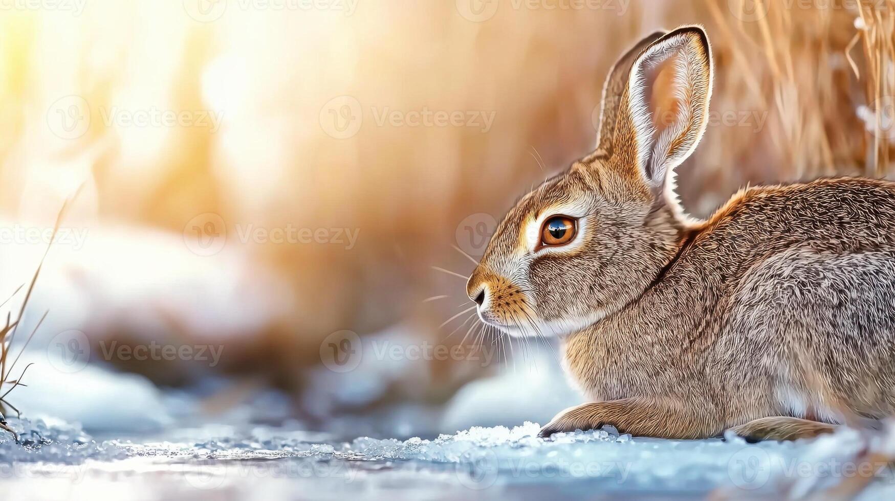 Rabbit In A Snowy Landscape With Warm Sunlight. Winter Wildlife Scene Capturing Nature'S Beauty photo