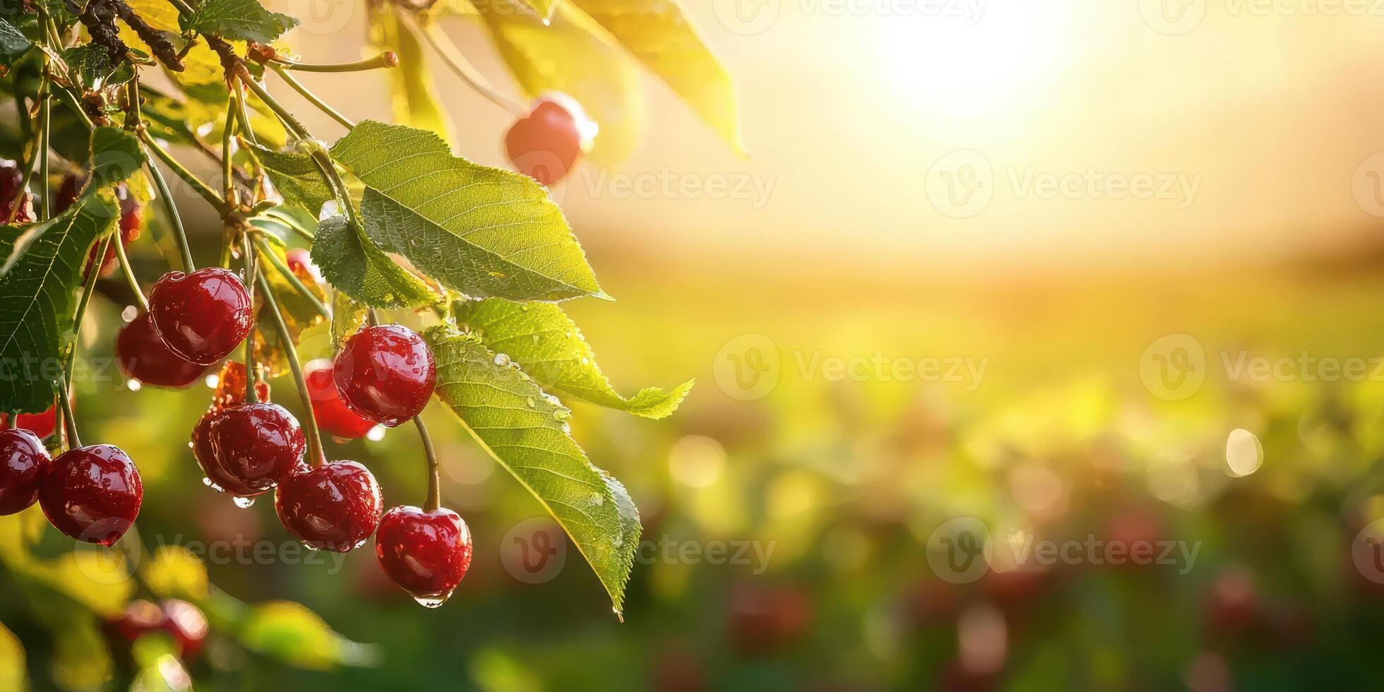 Cherries On A Tree Branch With Morning Dew In Sunlight. Fresh Fruit In Natural Orchard Setting photo