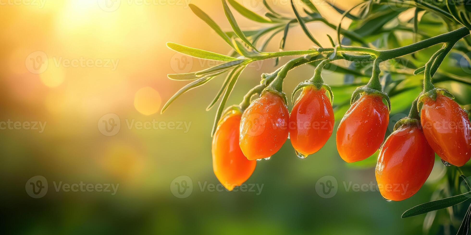 Goji Berries On A Branch With Morning Dew In Sunlight. Fresh And Healthy Superfood Concept photo