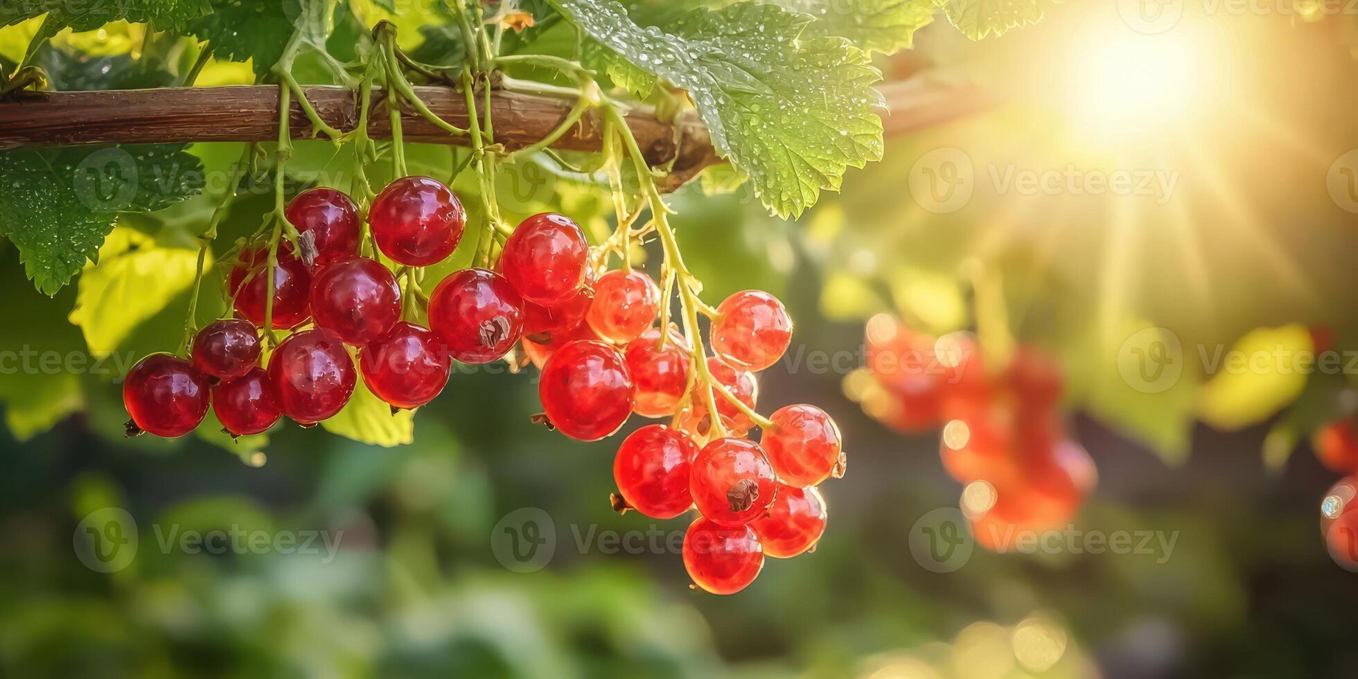 Red Currants Hanging On A Branch With Sunlight. Fresh Ripe Berries In A Garden Setting photo