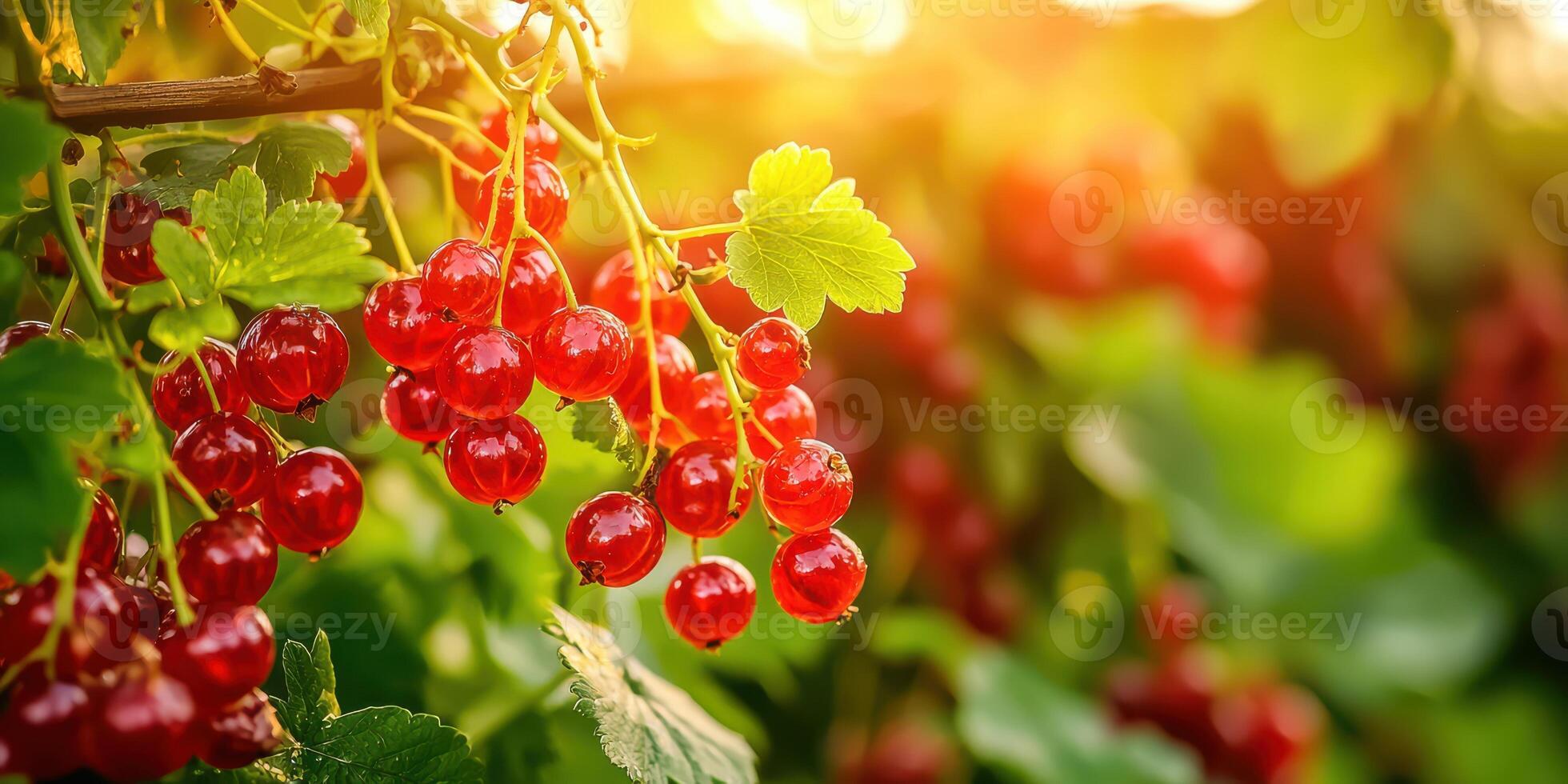 Red Currants On A Branch With Sunlight. Fresh Ripe Berries In A Garden Setting photo