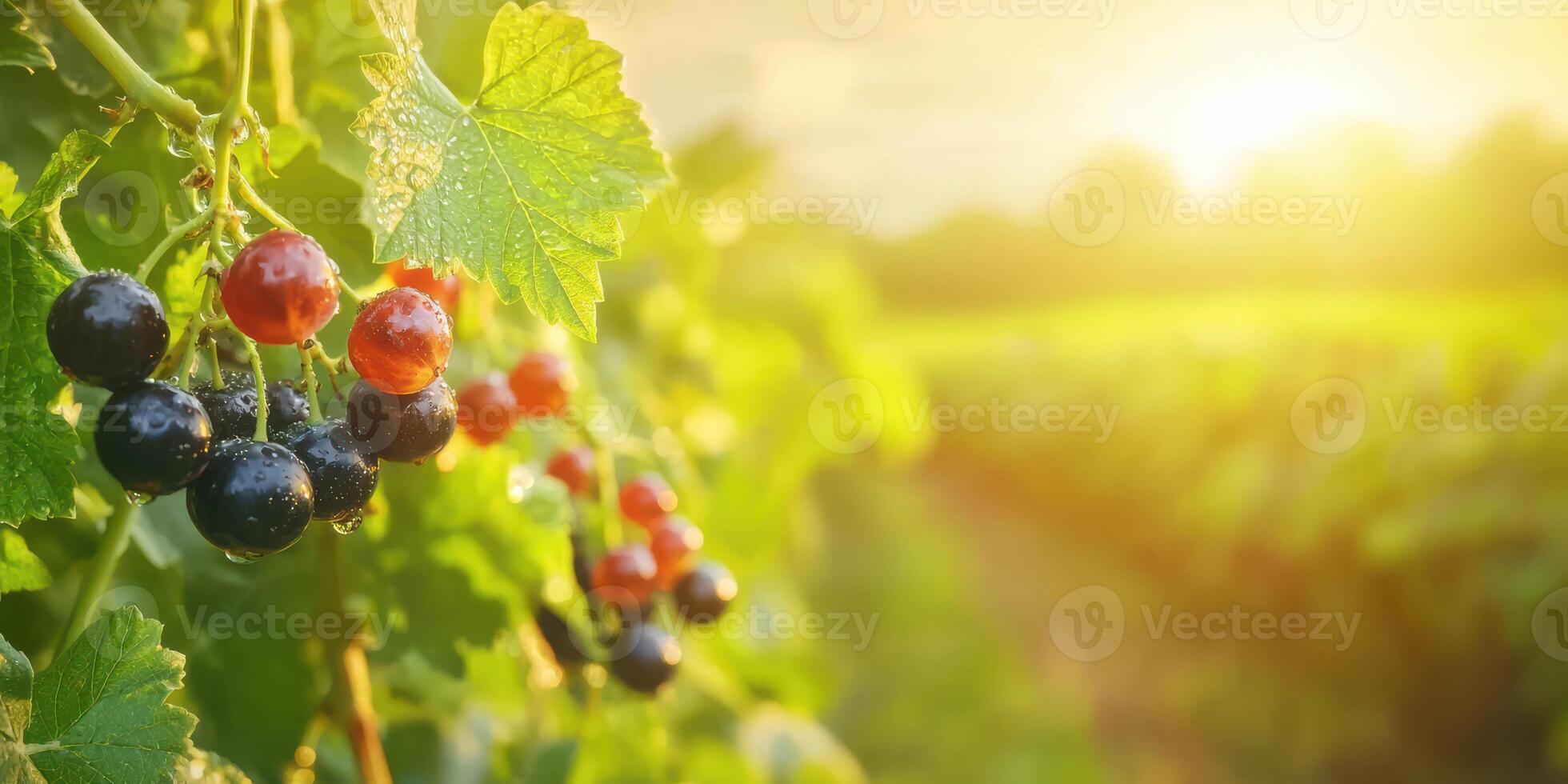 Bunches Of Ripe Black And Red Currants On A Vine In A Sunlit Garden. Fresh Organic Berries In A Natural Setting photo