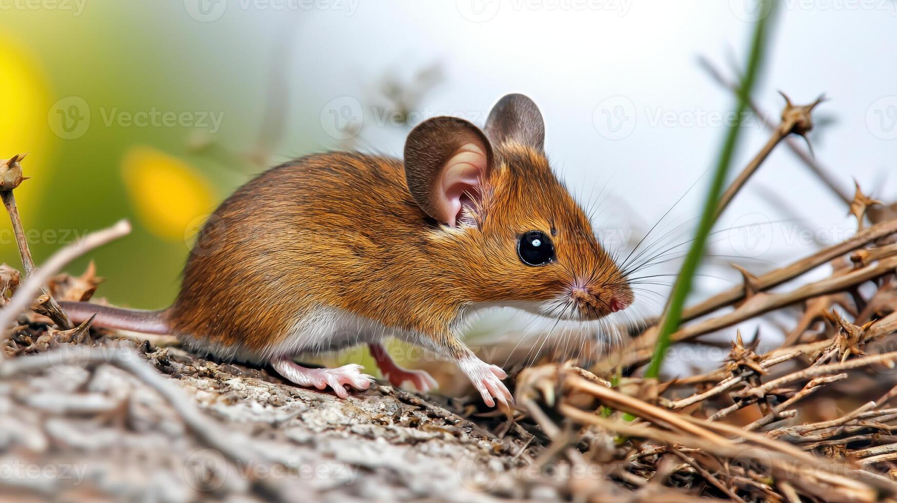 Close-Up Of A Brown Mouse In Natural Habitat. Small Rodent Exploring Its Environment photo