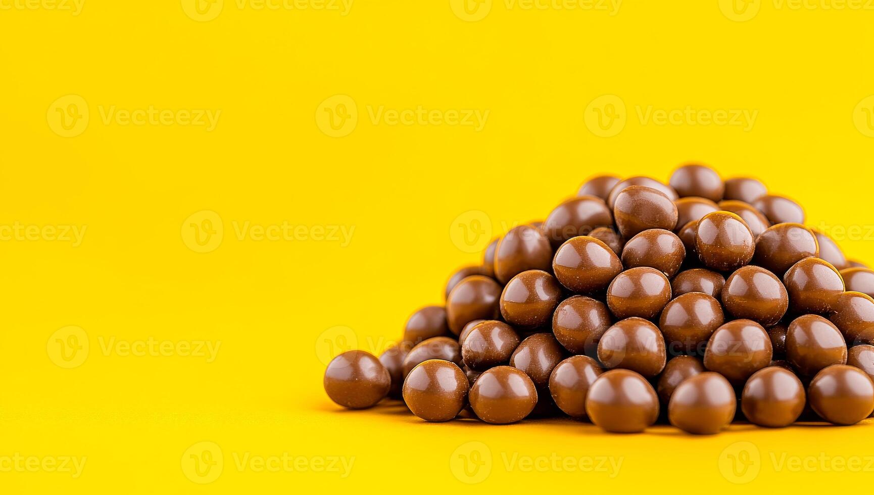 Chocolate candies on yellow. A vibrant pile of shiny chocolate candies rests on a bright yellow surface, making an enticing display. photo