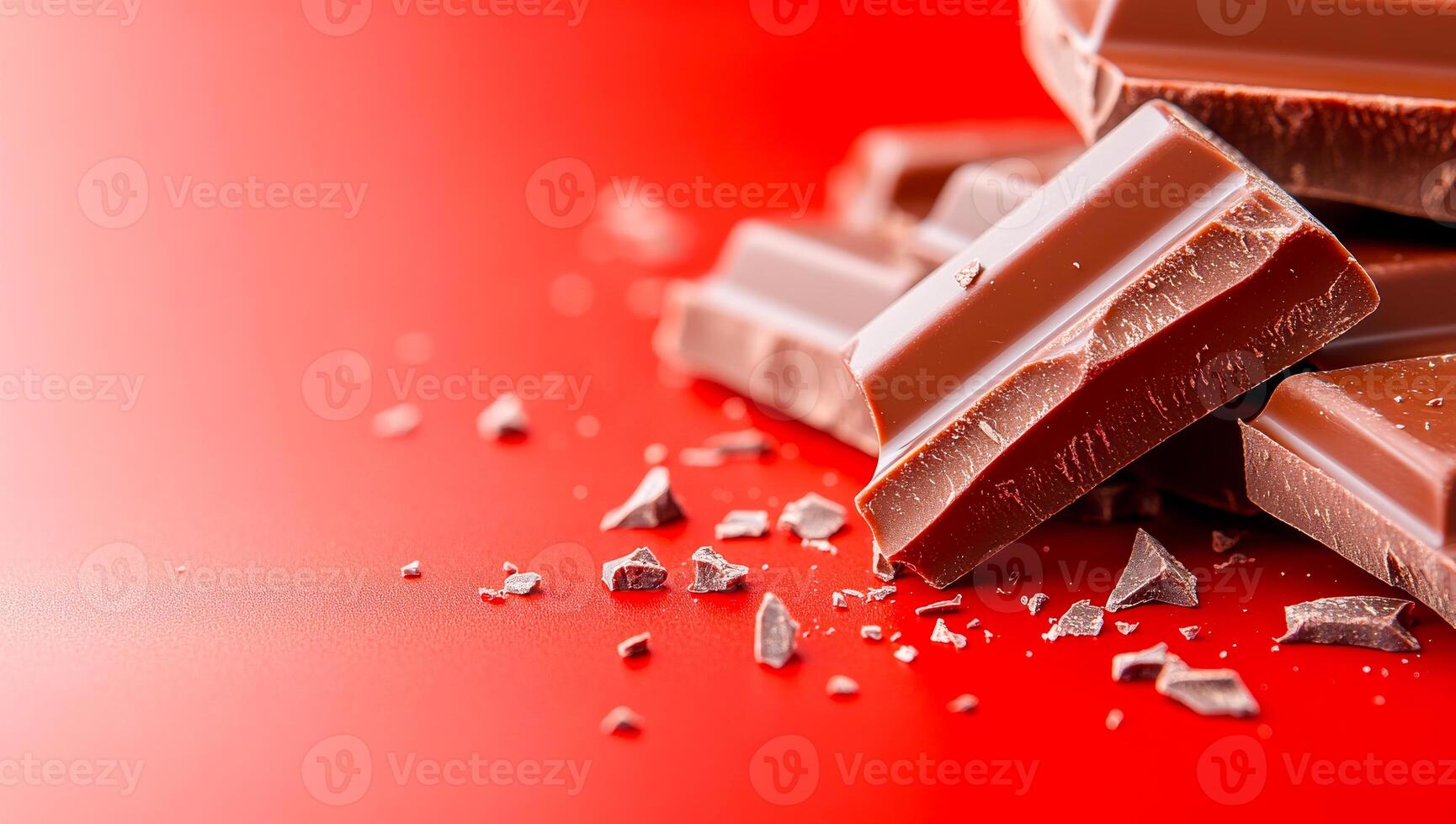 Chocolate pieces on vibrant red surface. Rich chocolate pieces contrast beautifully against a bright red backdrop, showcasing their enticing texture. photo