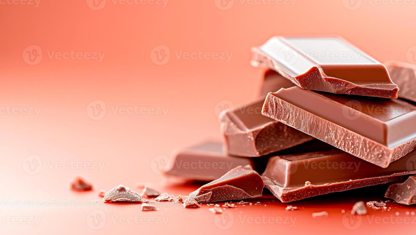 Chocolate stacked on bright bg. Dark chocolate pieces are stacked on a vibrant orange surface, showcasing their rich texture and color. photo