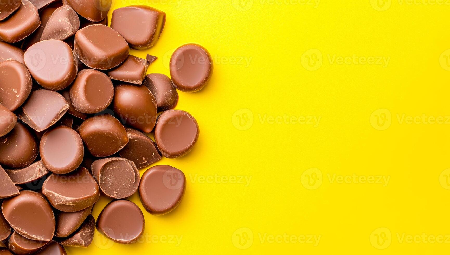 Chocolate on bright yellow. Smooth, round chocolate pieces lay scattered on a bright yellow surface, creating an inviting and playful display. photo
