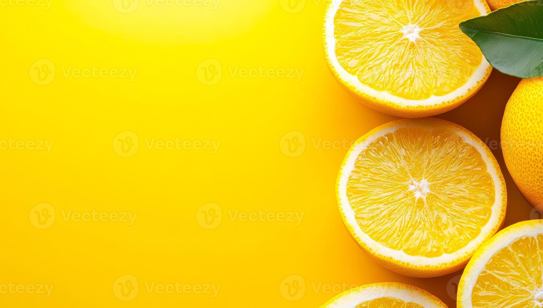 Citrus fruits on bright backdrop. Bright yellow background showcases sliced and whole lemons, emphasizing their freshness and vibrant colors. photo