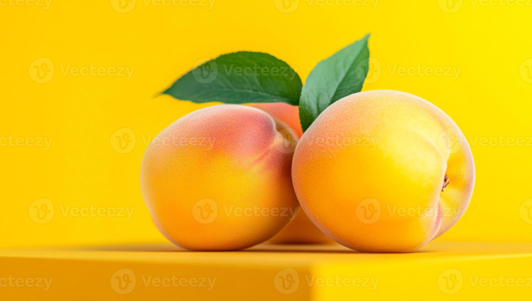 Peaches on yellow background. Two ripe peaches with a green leaf rest on a yellow surface, showcasing their bright color and juicy appearance. photo