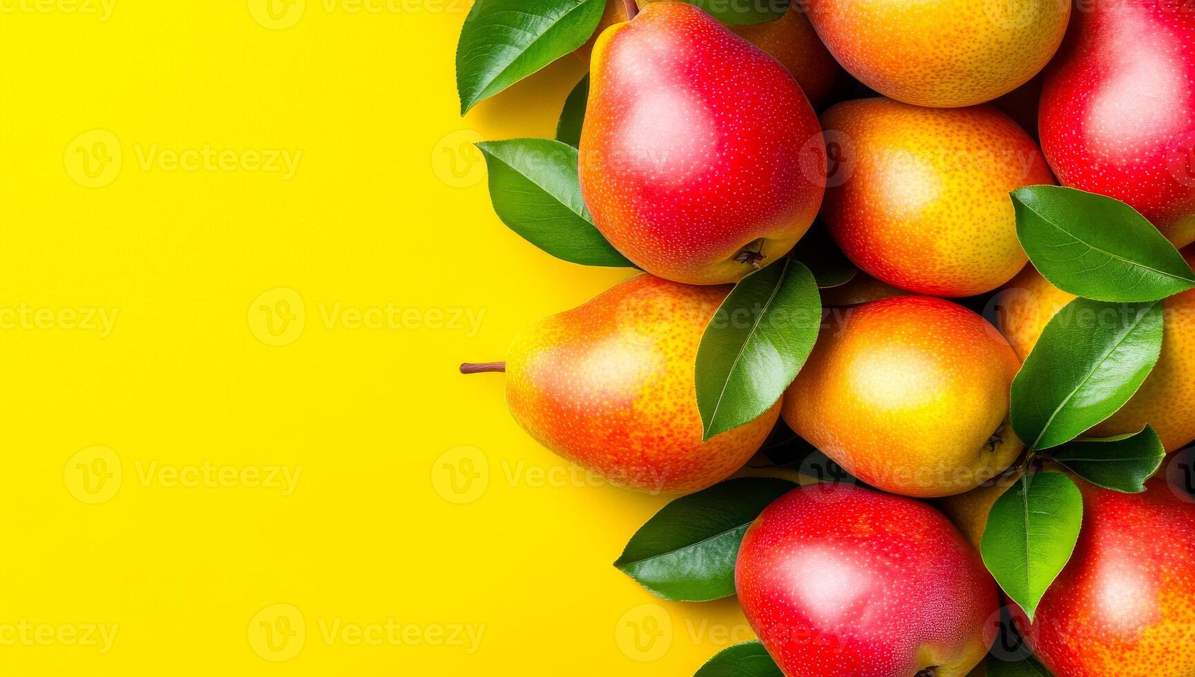 Vibrant apples and pears backdrop. Fresh apples and pears arranged with green leaves against a vibrant yellow background create a lively display. photo