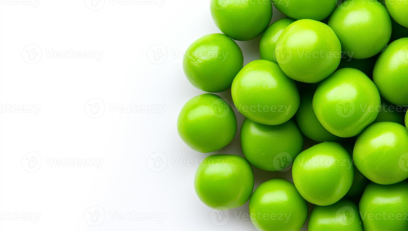 Fresh green peas piled on white surface. A cluster of vibrant green peas rests on a clean white surface, showcasing their shiny texture and freshness. photo