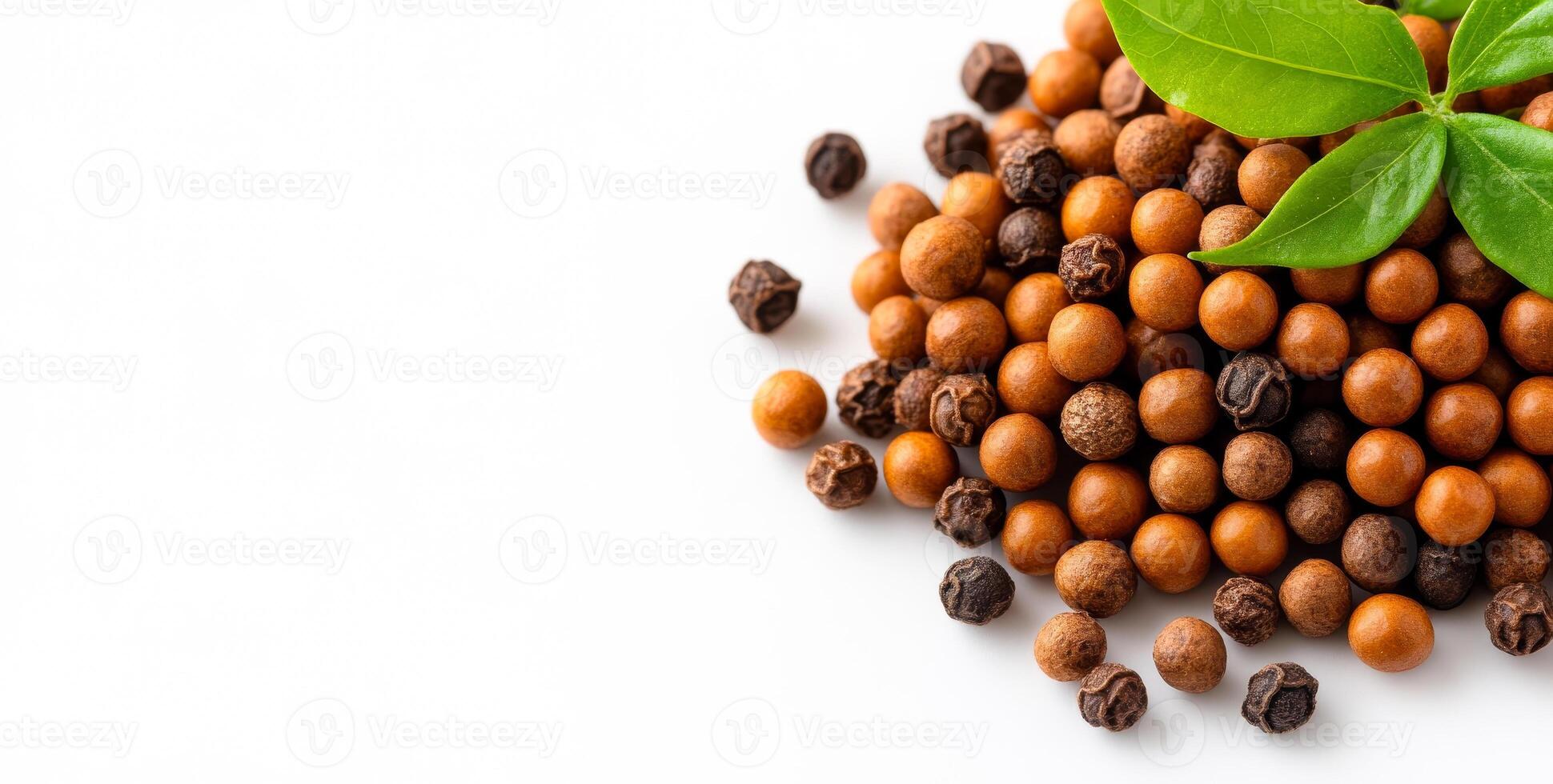 Colorful spices on white. A mixture of brown and black spices is arranged neatly, showcasing their textures and colors, with a green leaf accent. photo