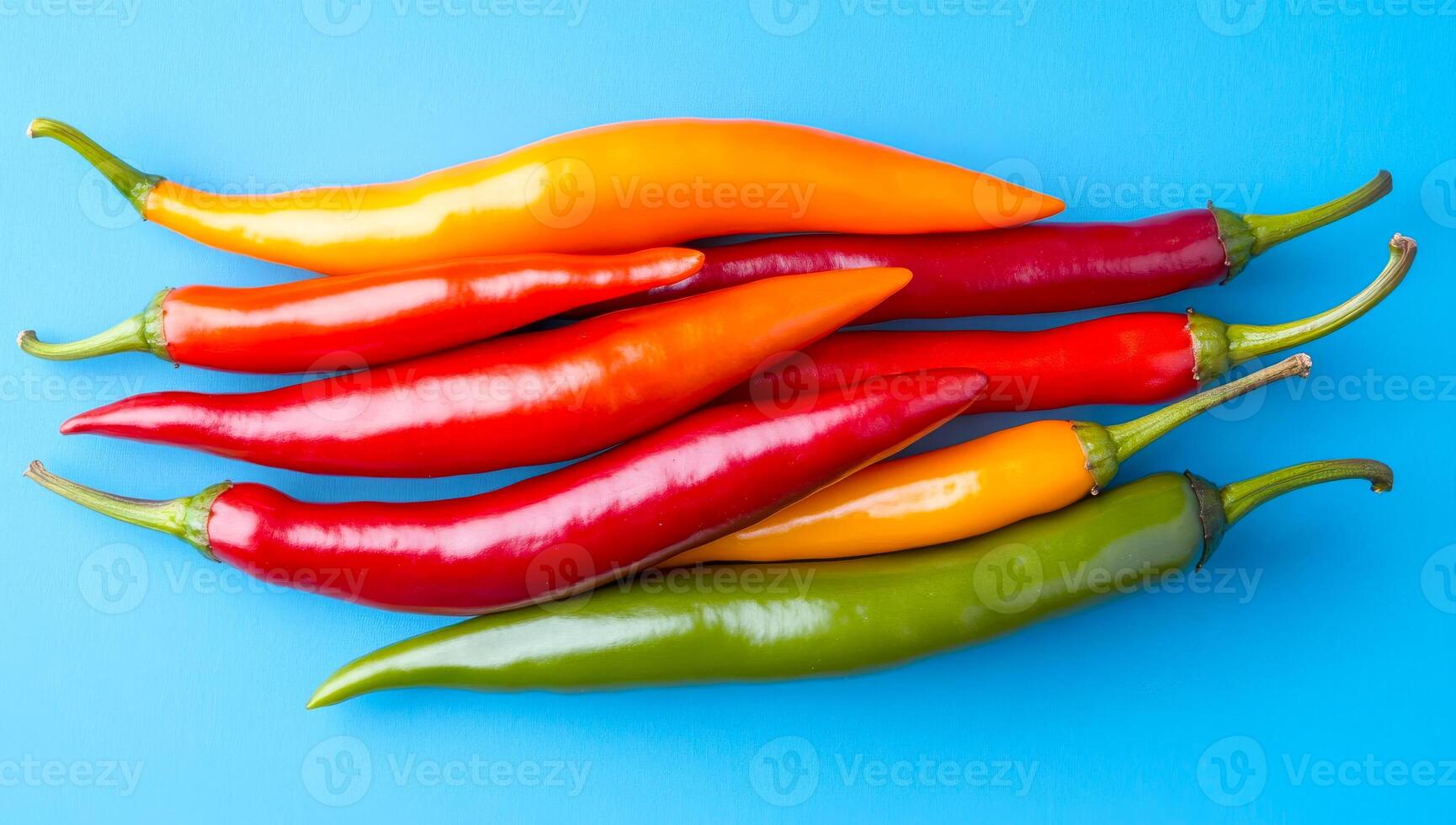Vibrant mix of fresh chilies. A variety of vibrant chili peppers is arranged on a bright blue background showcasing their colors and shapes. photo
