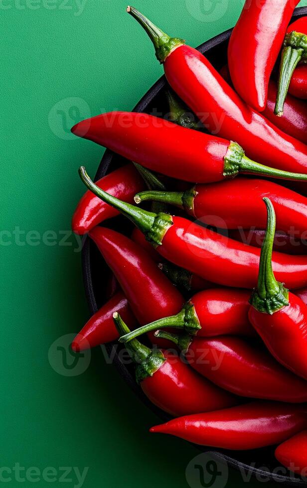 Vibrant red chilies on green background. Fresh red chilies arranged in a dark bowl against a bright green backdrop, showcasing their vivid color and texture. photo