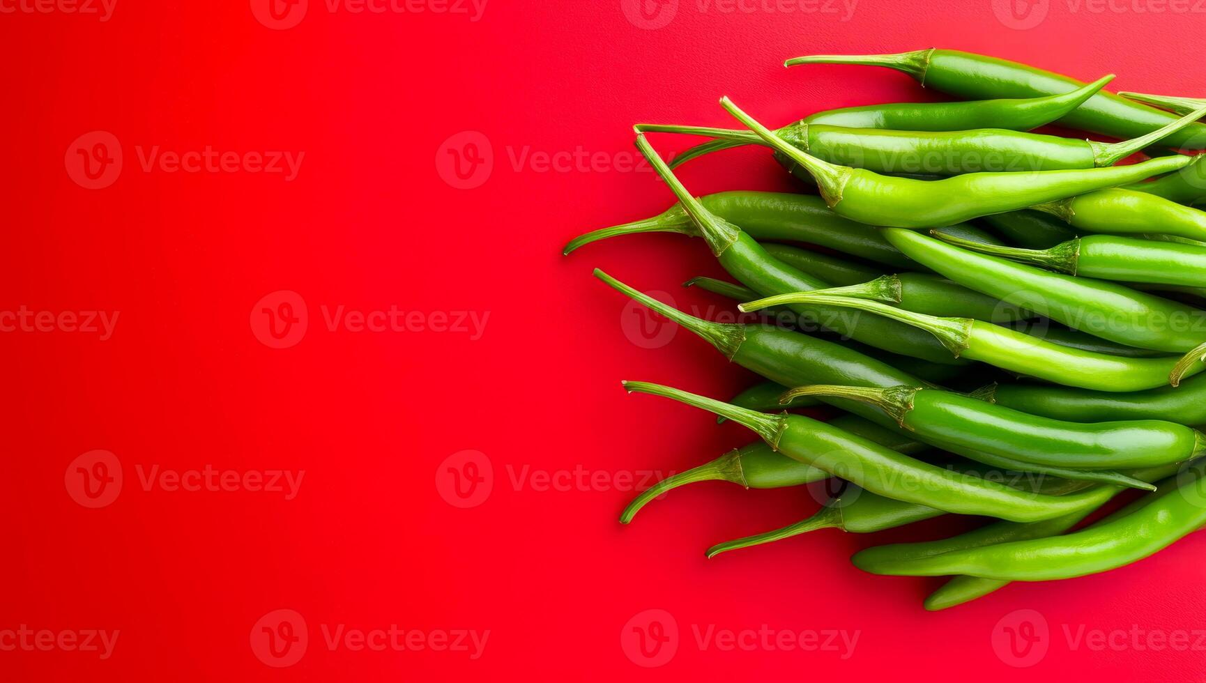 Green chilies, red backdrop. A bunch of fresh green chilies arranged on a bright red surface, showcasing their vivid color contrast and texture. photo